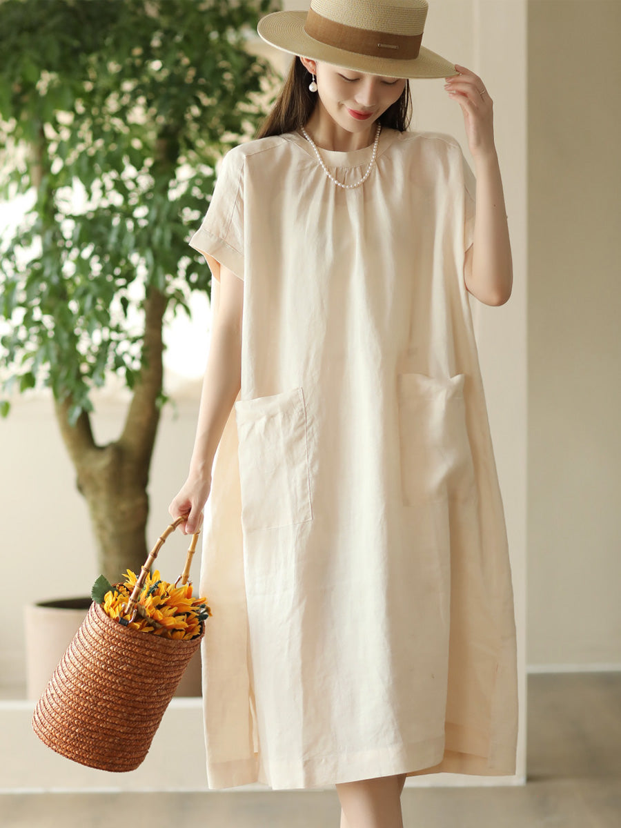 Women Summer Casual Solid Pocket O-Neck Linen Dress FD051