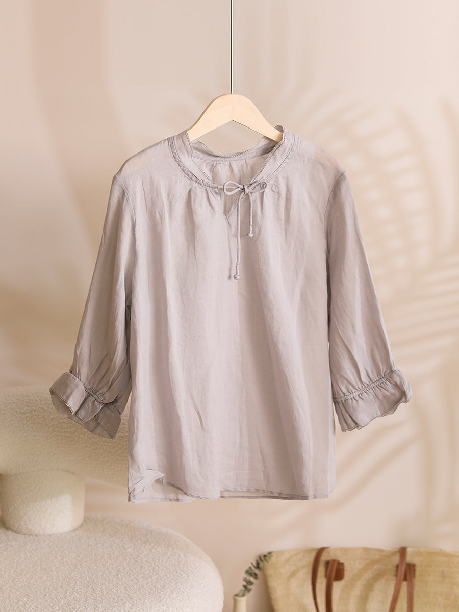 Women Summer Solid Ruffle-Sleeve Ramie Thin Shirt WE1026