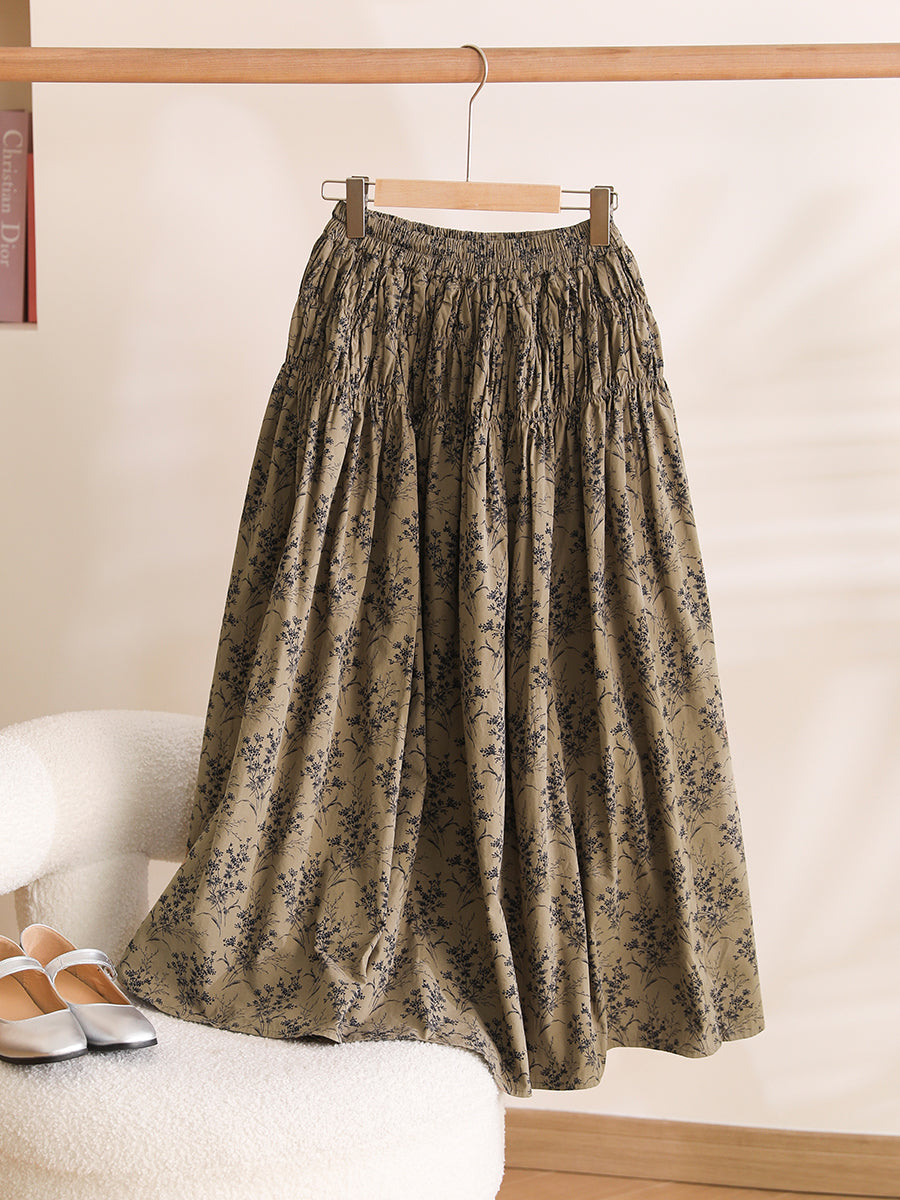Women Summer Artsy Floral Shirred Cotton Skirt WE1042