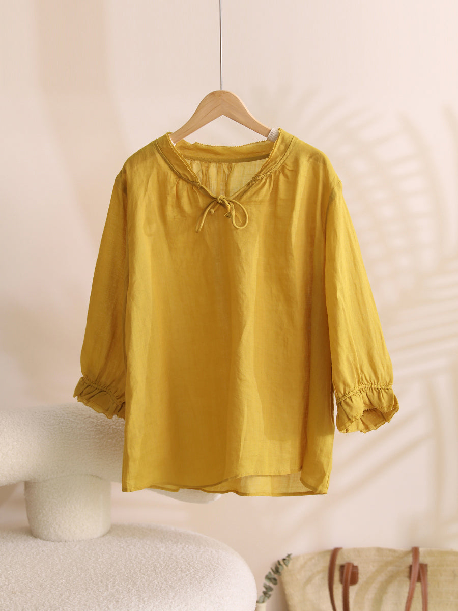 Women Summer Solid Ruffle-Sleeve Ramie Thin Shirt WE1026