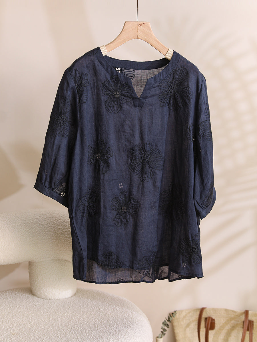 Women Summer Artsy Flower Embroidery Ramie Shirt TY1036