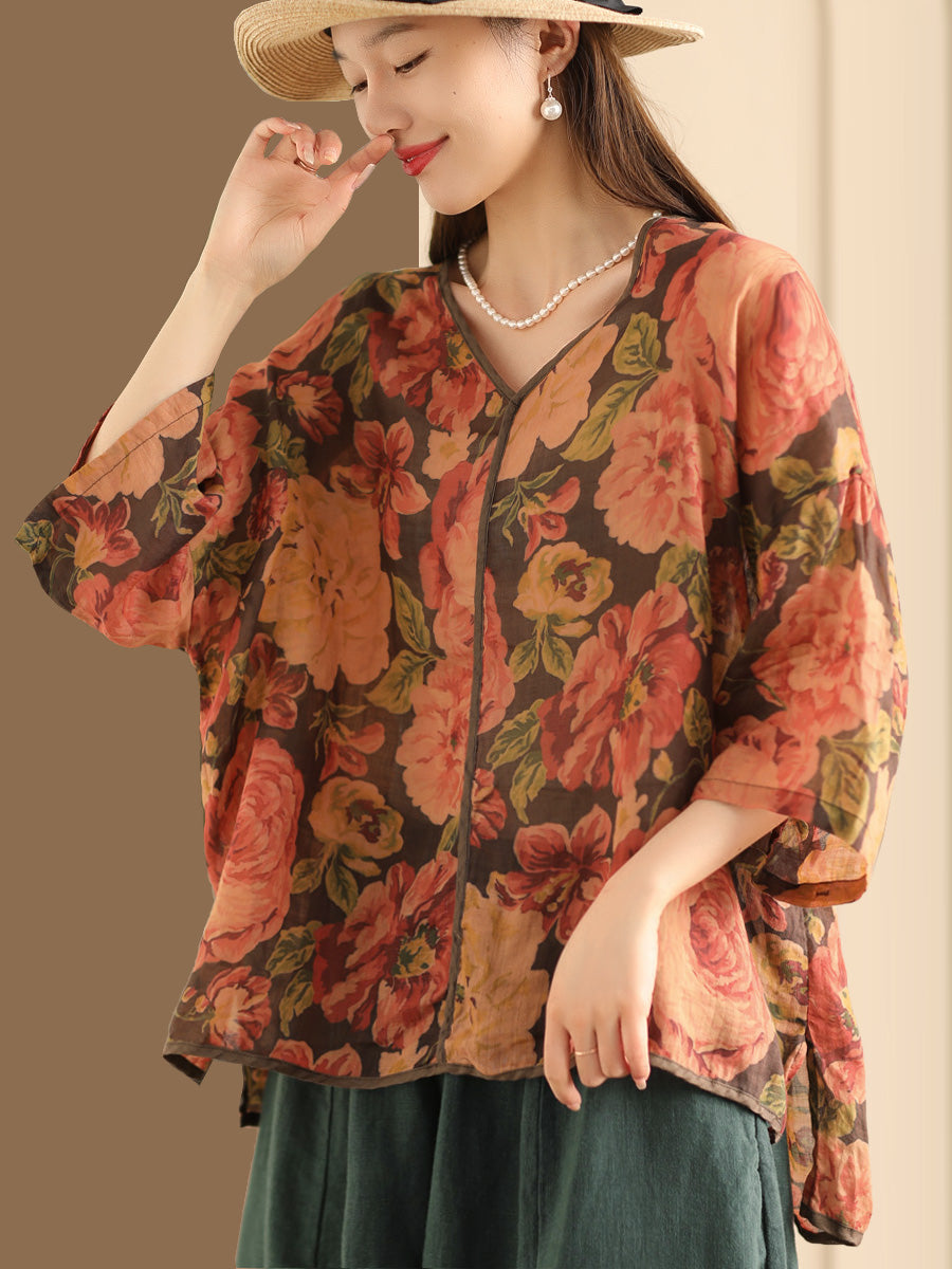 Women Vintage Floral V-Neck Linen Summer Shirt XX1014