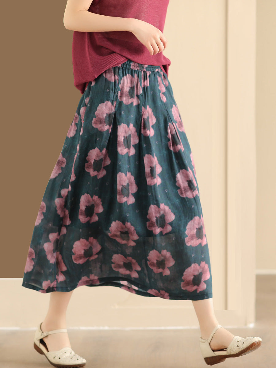 Women Artsy Summer Flower Ramie A-shape Skirt CO1025