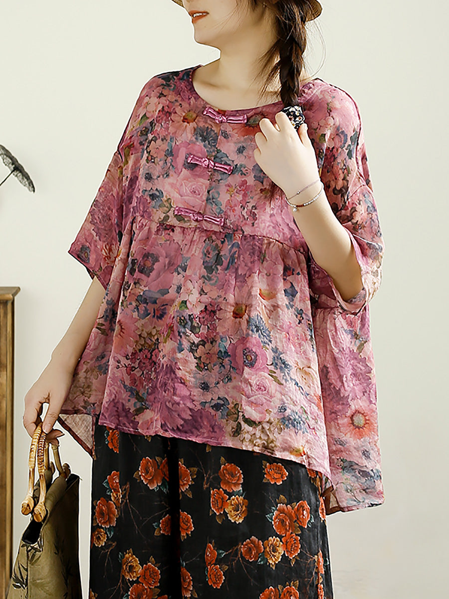 Women Summer Ethnic Flower Buckle O-Neck Ramie Shirt CX055