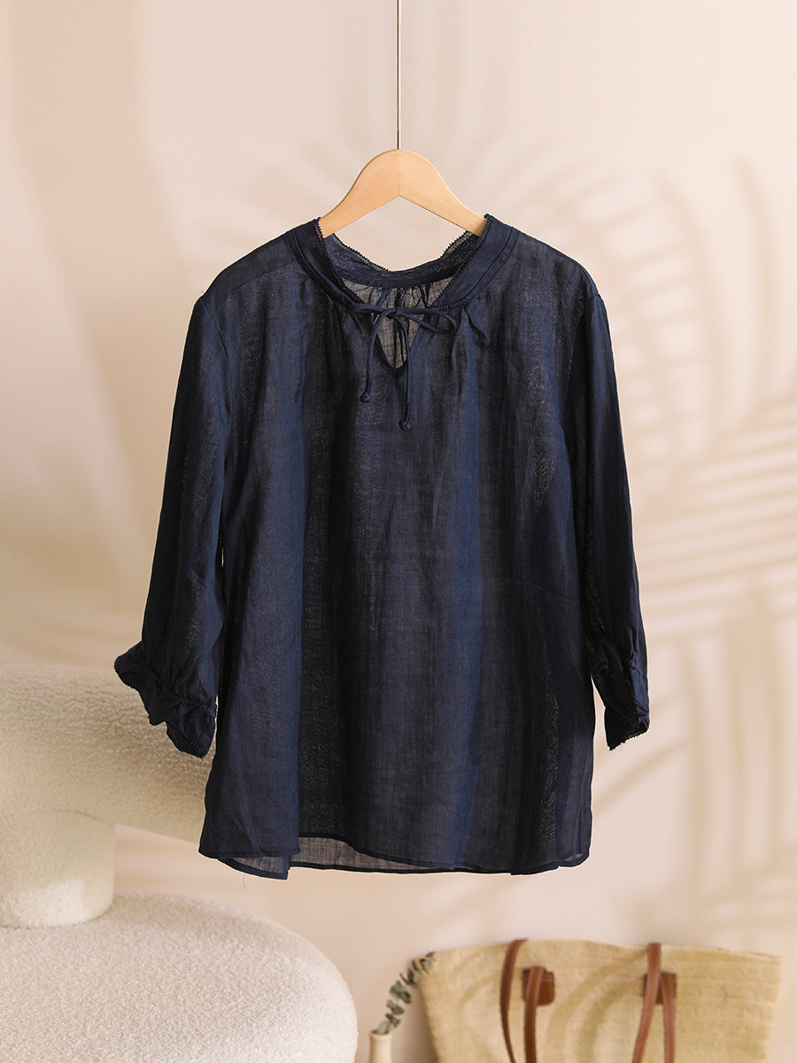 Women Summer Solid Ruffle-Sleeve Ramie Thin Shirt WE1026