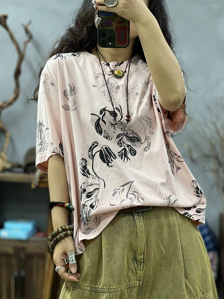 Women Summer Casual Flower O-Neck Loose Shirt CC027