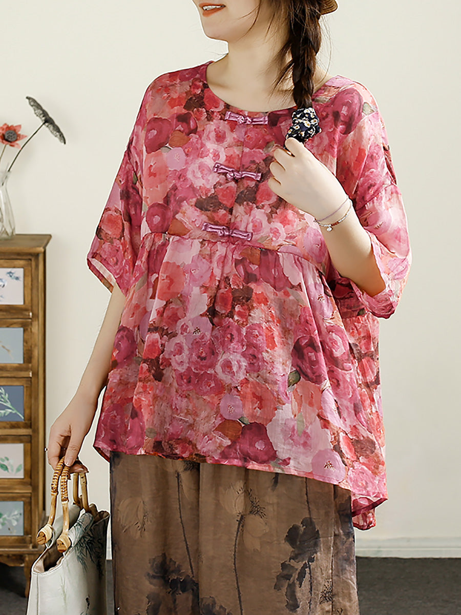 Women Summer Ethnic Flower Buckle O-Neck Ramie Shirt CX055