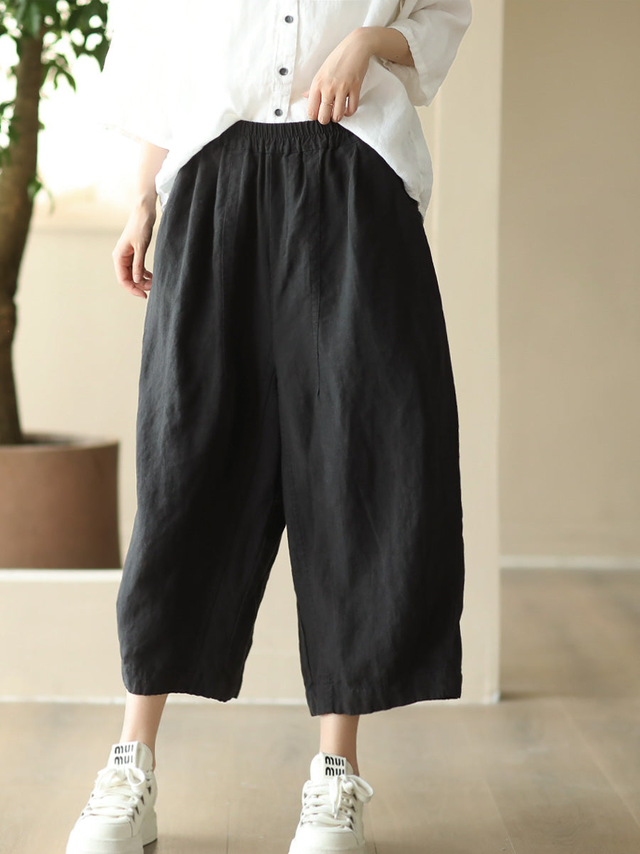 Women Summer Retro Solid Linen Loose Harem Pants FD009