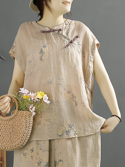 Frauen Ethnische Sommer Floral Schnalle 100% Ramie Shirt KL1007