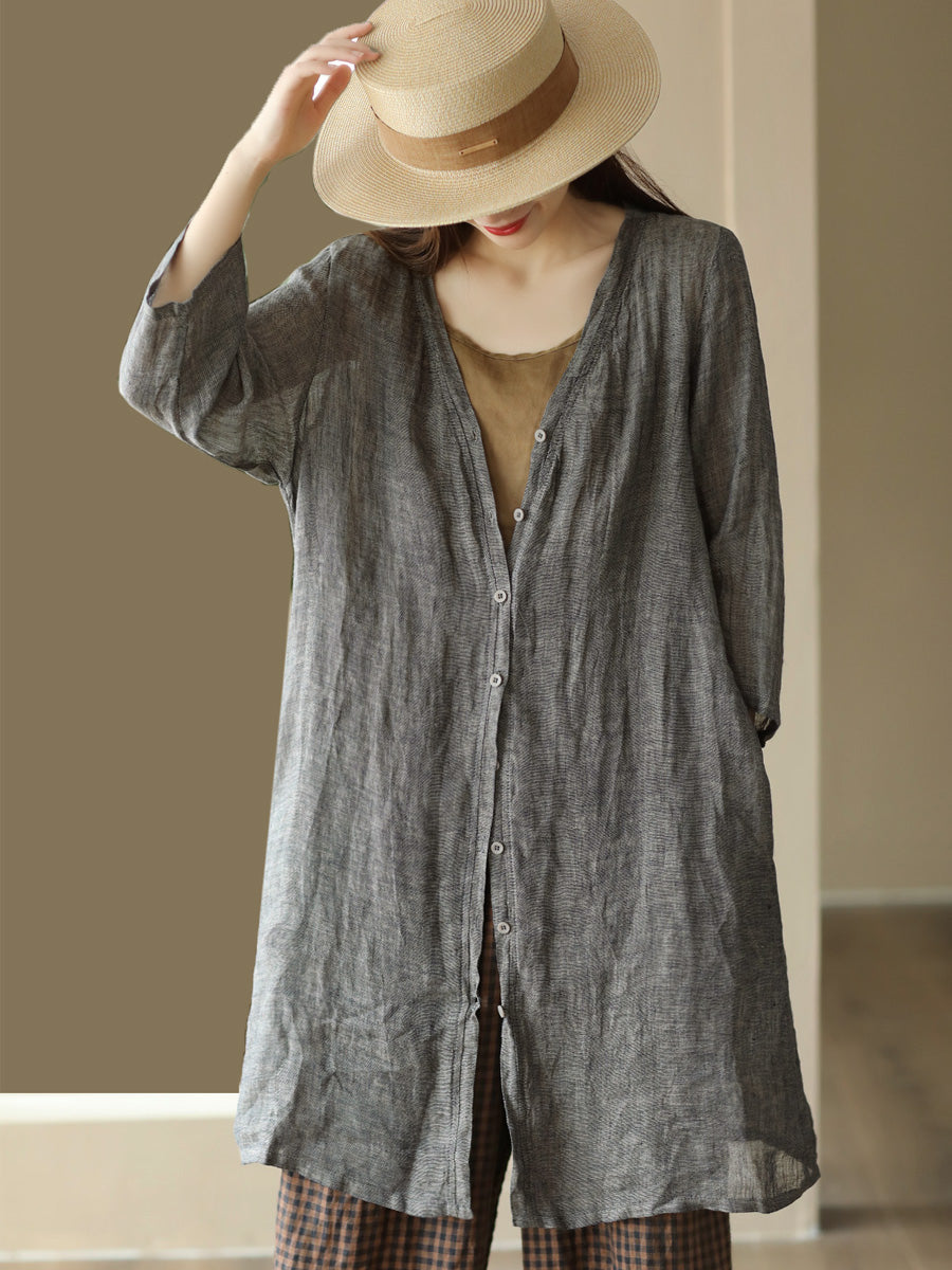 Women Summer Casual Solid Linen Button-up Long Shirt SC1033