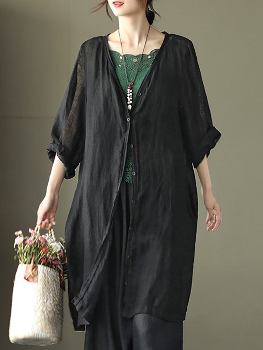 Women Summer Casual Solid Linen Button-up Long Shirt SC1033