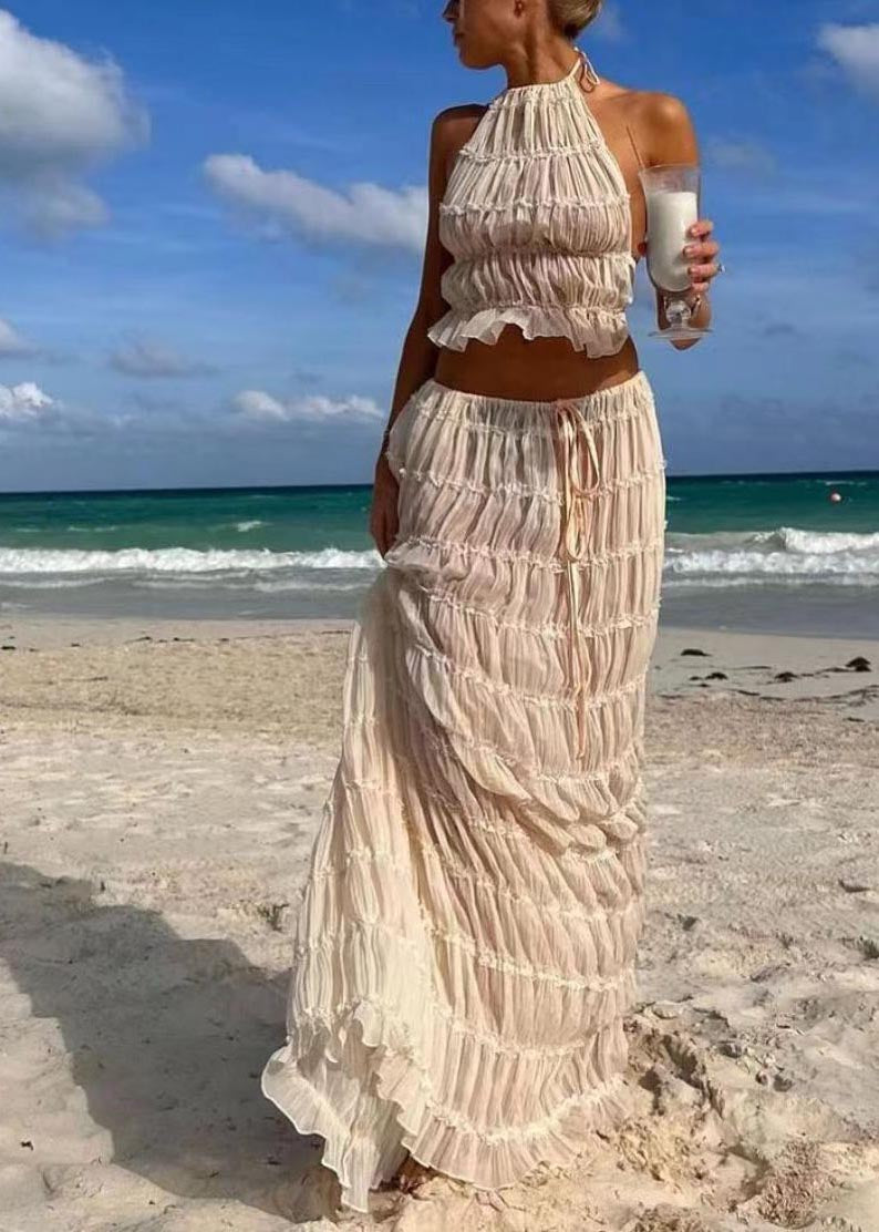 Sexy Falten Neckholder Zwei Apricot Set Stück Rückenfrei