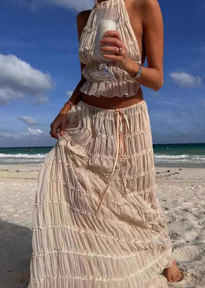 Sexy Falten Neckholder Zwei Apricot Set Stück Rückenfrei