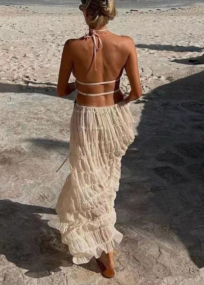 Set Sleeveless Pieces Beige Two Ruffled Sexy Up Lace Chiffon