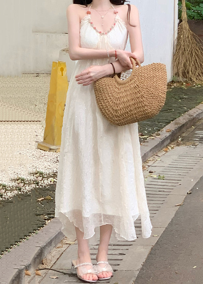 Sexy Beige V Neck Lace Up Patchwork Chiffon Dress Sleeveless ZL013