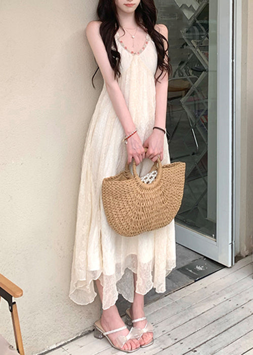 Sexy Beige V Neck Lace Up Patchwork Chiffon Dress Sleeveless ZL013