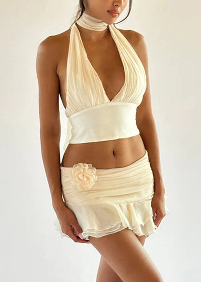 Ensemble deux pièces sexy beige en coton, débardeur à lacets et jupe, col en V, sans manches, YZ060