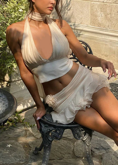 Ensemble deux pièces sexy beige en coton, débardeur à lacets et jupe, col en V, sans manches, YZ060