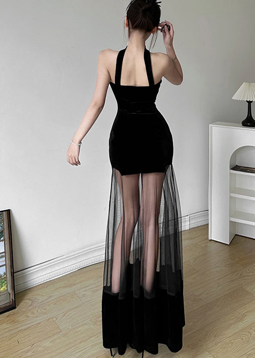 Sexy Black Backless Tulle Patchwork Dress For Summer EE1008