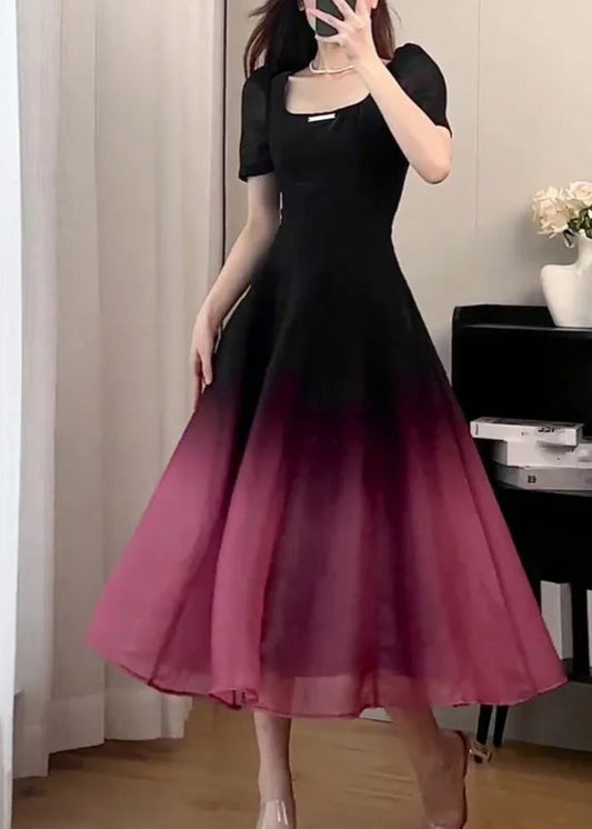 Sexy Black O-Neck Gradient Color Long Dresses Short Sleeve UU1059