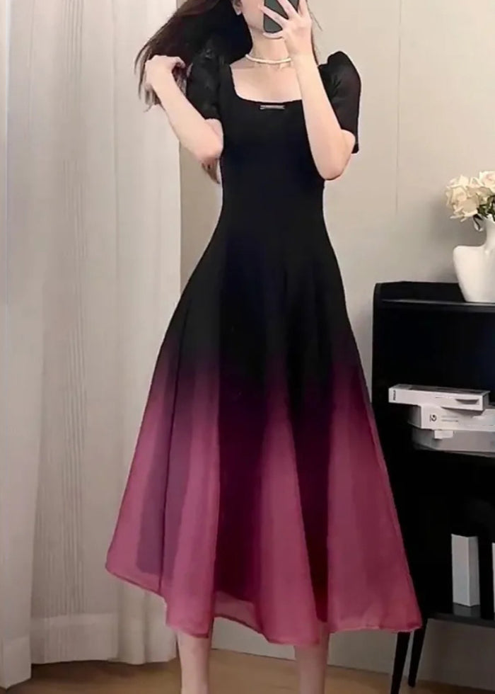 Sexy Black O-Neck Gradient Color Long Dresses Short Sleeve UU1059