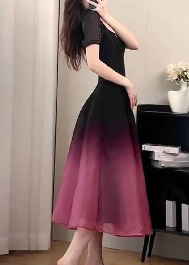 Sexy Black O-Neck Gradient Color Long Dresses Short Sleeve UU1059