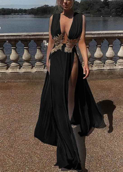 Robe de soirée noire à ourlet extra sexy et ouverture latérale
