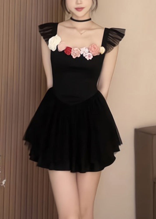 Sexy Black Square Collar Solid Cotton Mid Dress Summer XX014