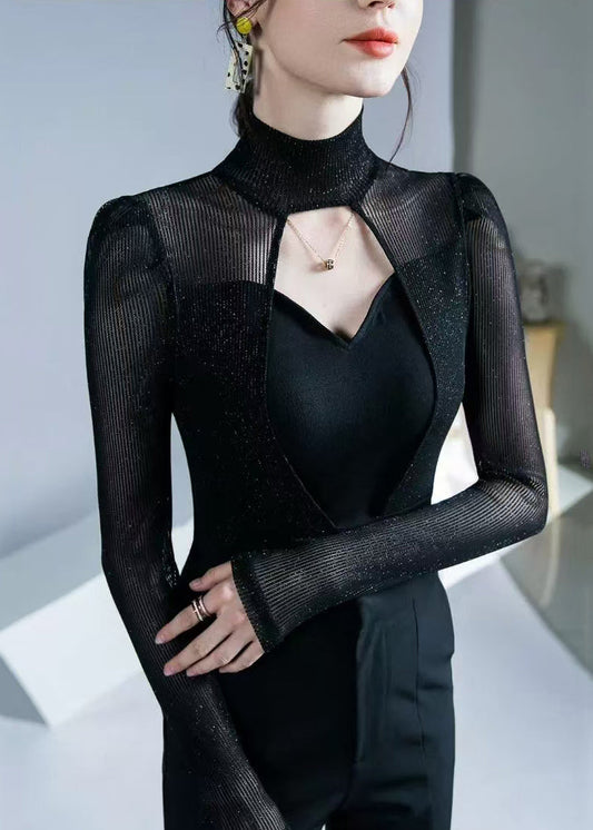 Sexy Black Turtleneck Hollow Out Patchwork KnitTop Fall AL1034