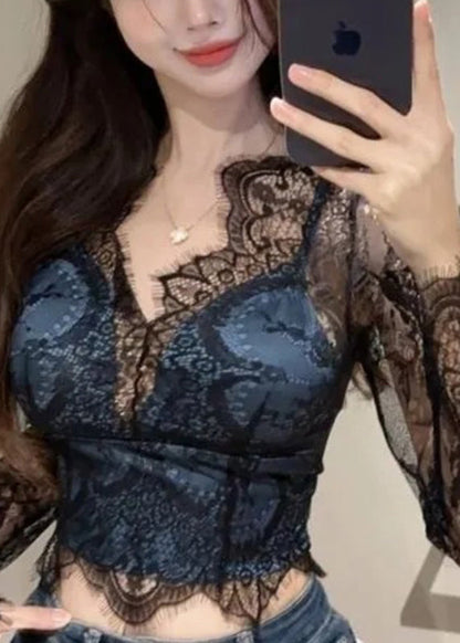 Chemise sexy à col en V et dentelle noire ajourée
