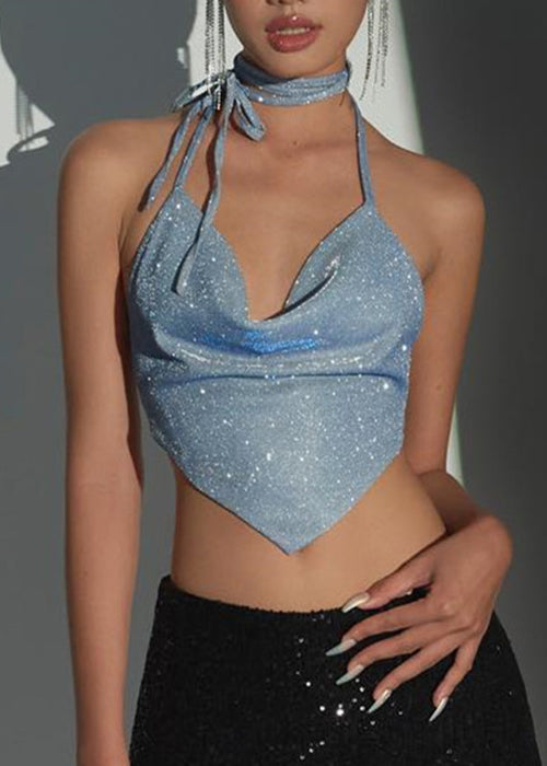 Sexy Blau Rückenfrei Knopf Schnürung Tanks Ärmellos YT010