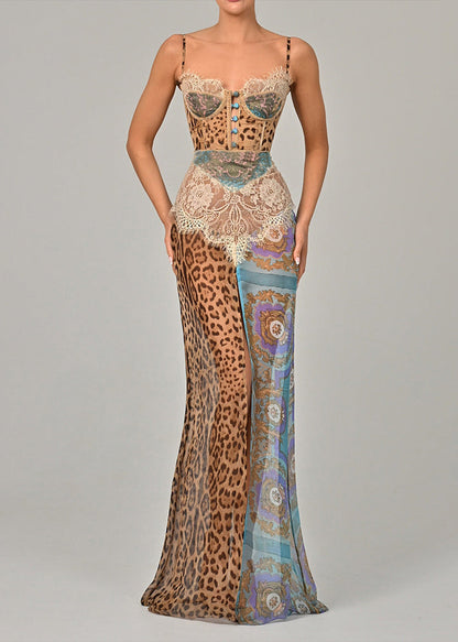 Kleid Blau Chiffon Sexy Spaghettiträger Patchwork Leopard Spitze