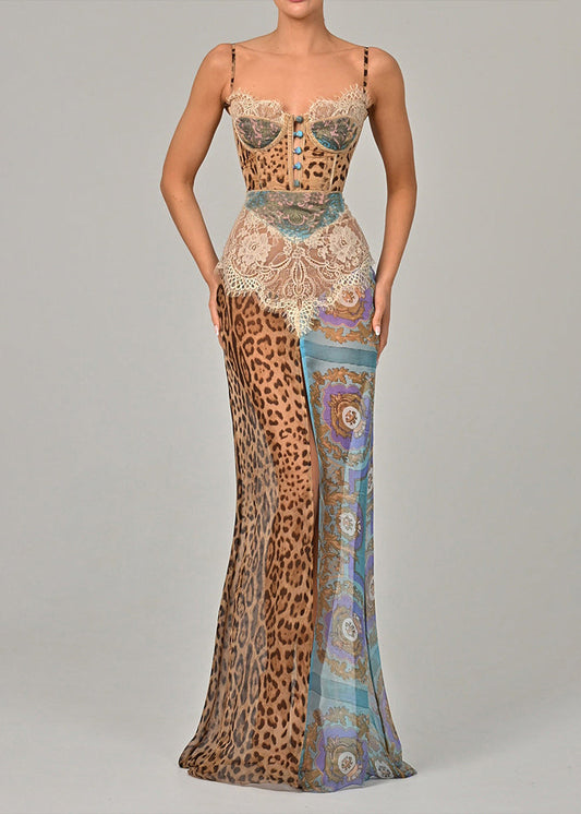Kleid Blau Chiffon Sexy Spaghettiträger Patchwork Leopard Spitze