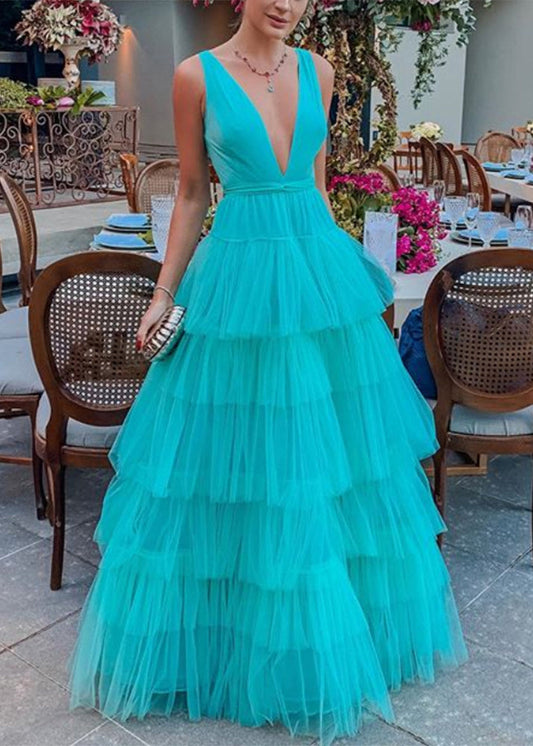 Robe sexy en tulle bleu à col en V et taille haute sans manches FF108