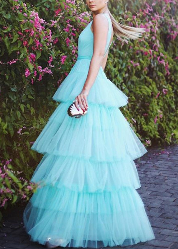 Sexy Blue V Neck High Waist Tulle Dress Sleeveless FF108