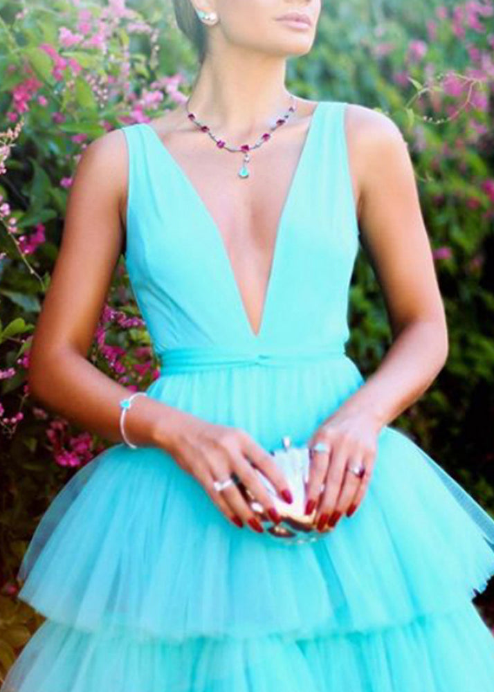 Sexy Blue V Neck High Waist Tulle Dress Sleeveless FF108