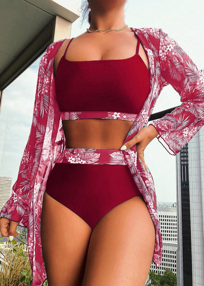 Sexy Braun V-Ausschnitt Print Patchwork Bademode Dreiteiliges Set VC060