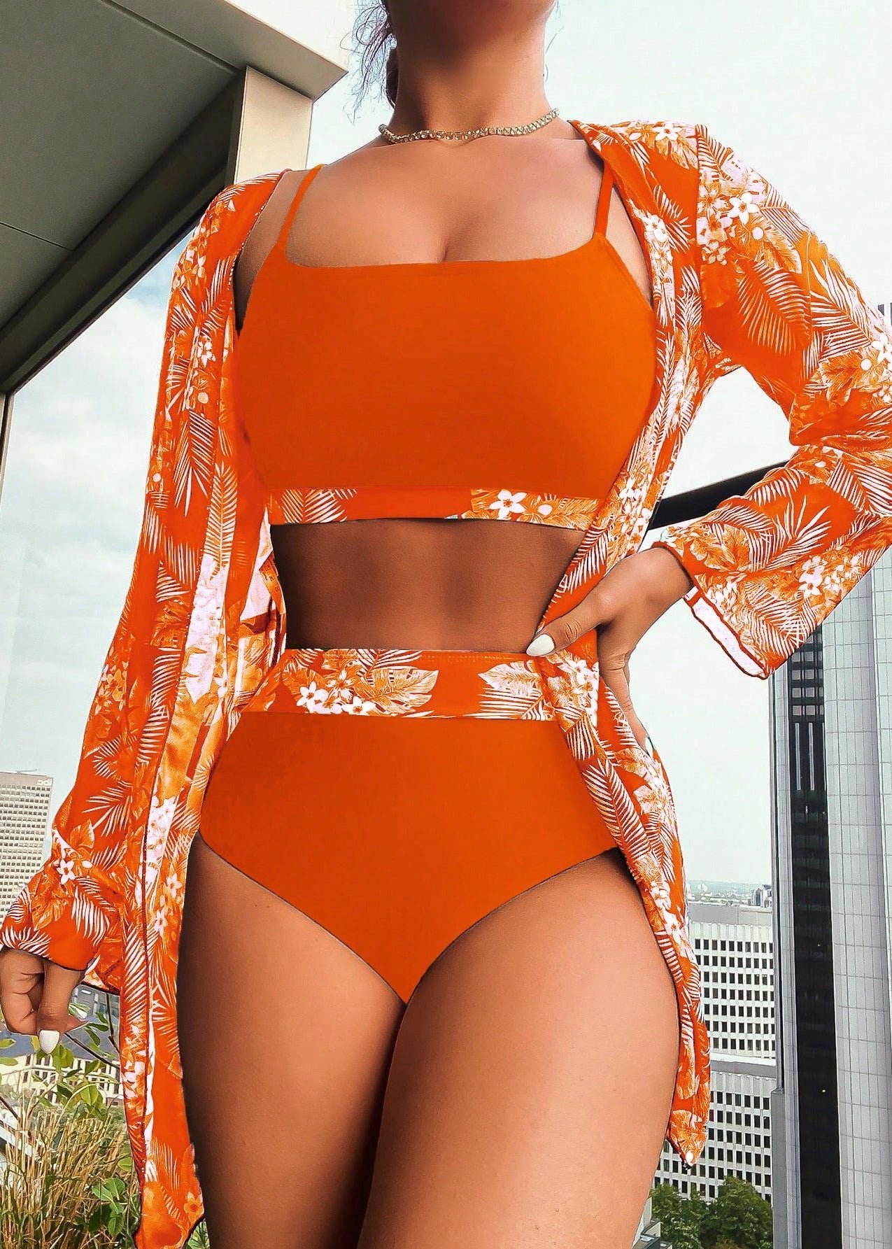 Sexy Braun V-Ausschnitt Print Patchwork Bademode Dreiteiliges Set VC060