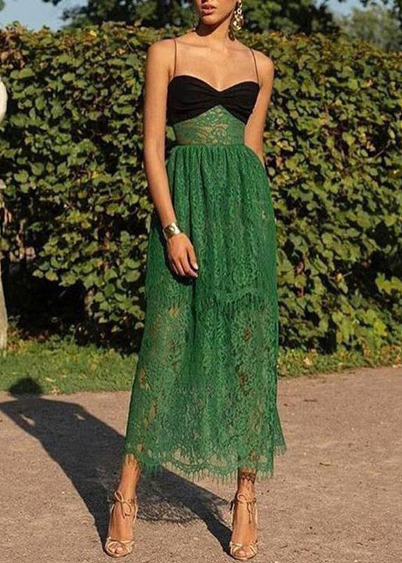 Sexy Green Cold Shoulder Patchwork Lace Spaghetti Strap Dress Sleeveless XX031