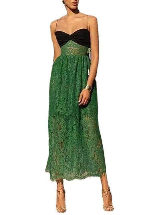 Sexy Green Cold Shoulder Patchwork Lace Spaghetti Strap Dress Sleeveless XX031