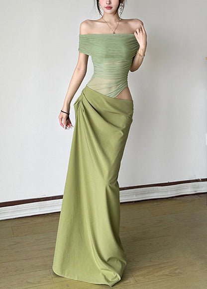 Sexy Kleider Sommer Maxi Falten Patchwork Tüll Grün