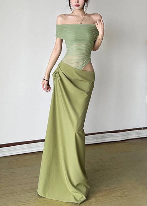 Sexy Kleider Sommer Maxi Falten Patchwork Tüll Grün