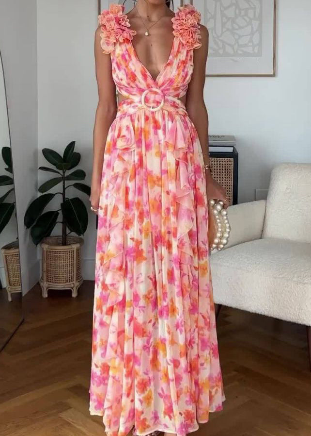 Sexy Pink Ruffled Print Lace Up Cotton Maxi Dress Sleeveless BB060