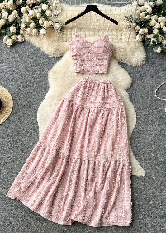 Sexy Pink Ruffled Tops And Skirts Cotton Two Pieces Set Sleeveless TR048