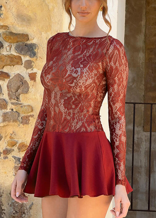 Out Spring Solid Kleid Hohl Rot Mid Spitze Sexy
