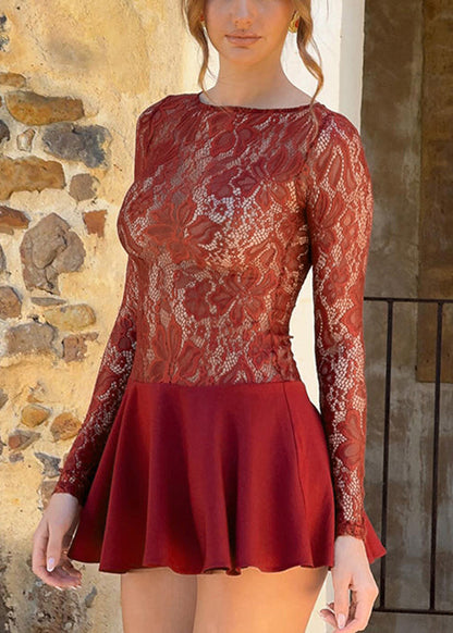 Out Spring Solid Kleid Hohl Rot Mid Spitze Sexy