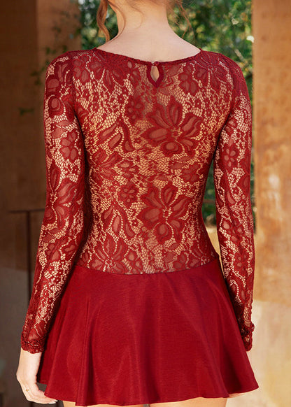 Out Spring Solid Kleid Hohl Rot Mid Spitze Sexy