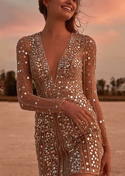 Robe de soirée courte sexy à paillettes et col en V Automne QR005