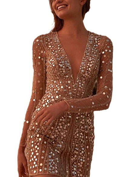 Robe de soirée courte sexy à paillettes et col en V Automne QR005