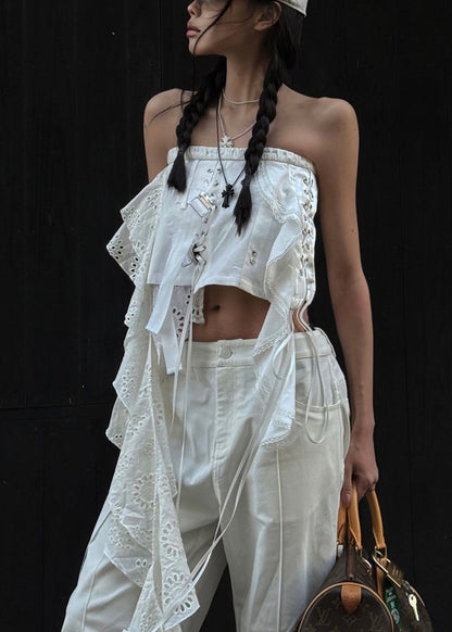 Sleeveless Tank Sexy White Out Hollow Asymmetrical Cotton